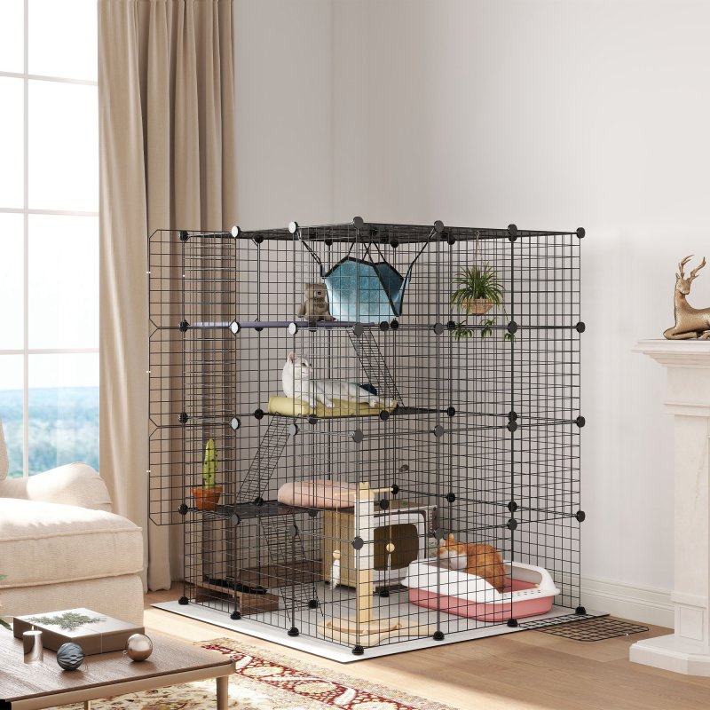 PawHut Cat Cage Indoor, DIY 4 Tier Wire Cat Enclosure with Hammock, Ramps, Doors, Jumping Platforms, Detachable Catio Indoor for 1-3 Cats, 105 x 105 x 140 cm, Black