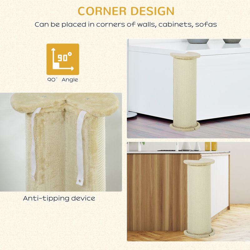 PawHut 85cm Tall Cat Scratching Post w/ Sisal Rope, Covered in Soft Plush, Anti-Tip for Indoor Corners, Cabinet Corners, Sofa Corners - Beige