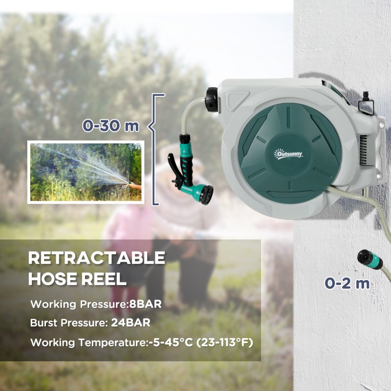 Outsunny Retractable Hose Reel Wall Mounted, 30+2m Garden Hose Pipe Reel with Lock, Auto Rewind, 7 in 1 Spray Nozzle, Includes Wall Fixings, 180?? Swivel, Outdoor Watering, Grey