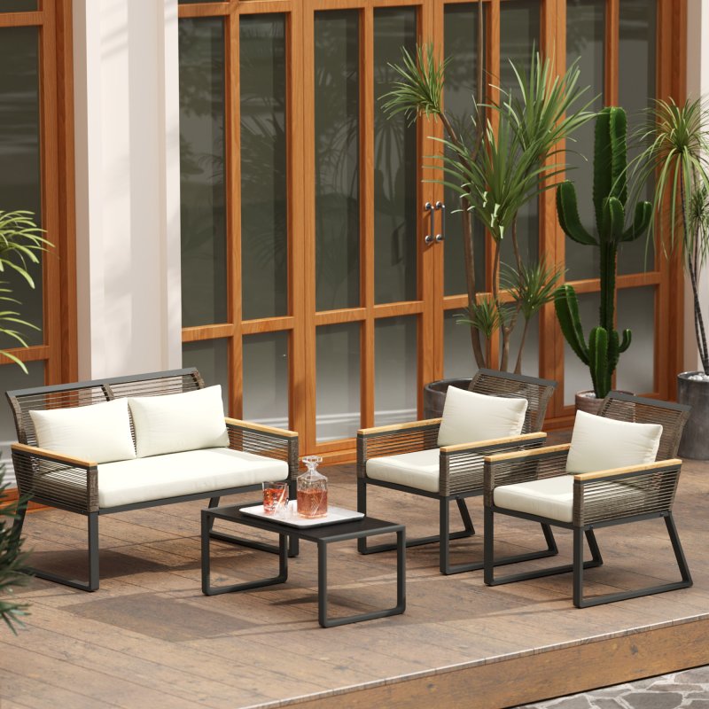 Outsunny 4 Piece Rattan Garden Furniture, 4 Seater Rattan Sofa Set, Round Wicker Rope Patio Conversation Set with 2 Armchairs, Loveseat, Glass Top Coffee Table and Cushions for Outdoor, Balcony, Grey