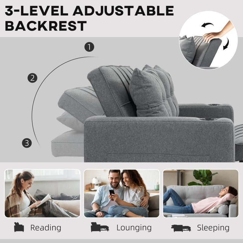 HOMCOM 2 Seater Sofa Bed, Convertible Pull Out Sofa Bed with Adjustable Backrest, Cup Holders and Pillows, Click Clack Settee for Living Room, Bedroom, Guest Room, Charcoal Grey