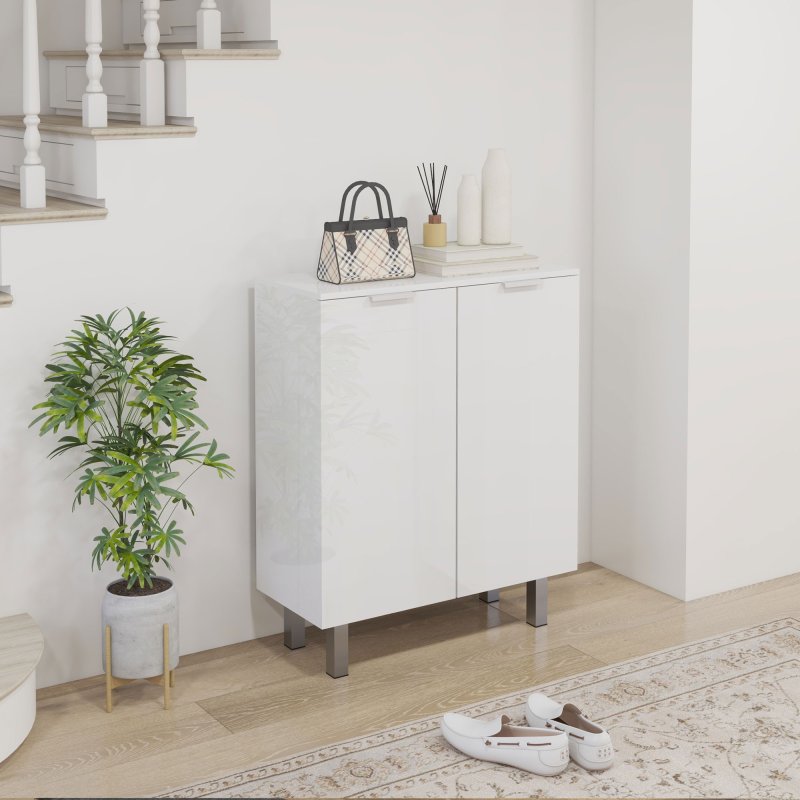 HOMCOM Shoe Cabinet, Compact Shoe Storage Cabinet with Soft-Close Hinges and Adjustable Shelves for 15-20 Pairs of Shoes, High Gloss White