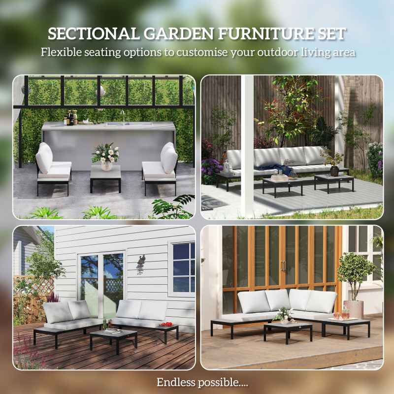 Outsunny 4 Piece L Shaped Garden Furniture Set, 4 Seater Garden Corner Sofa Set, 2 Loveseats with Removable Backs, 2 Wood-Plastic Coffee Tables and Thick Cushions for Outdoor, Grey