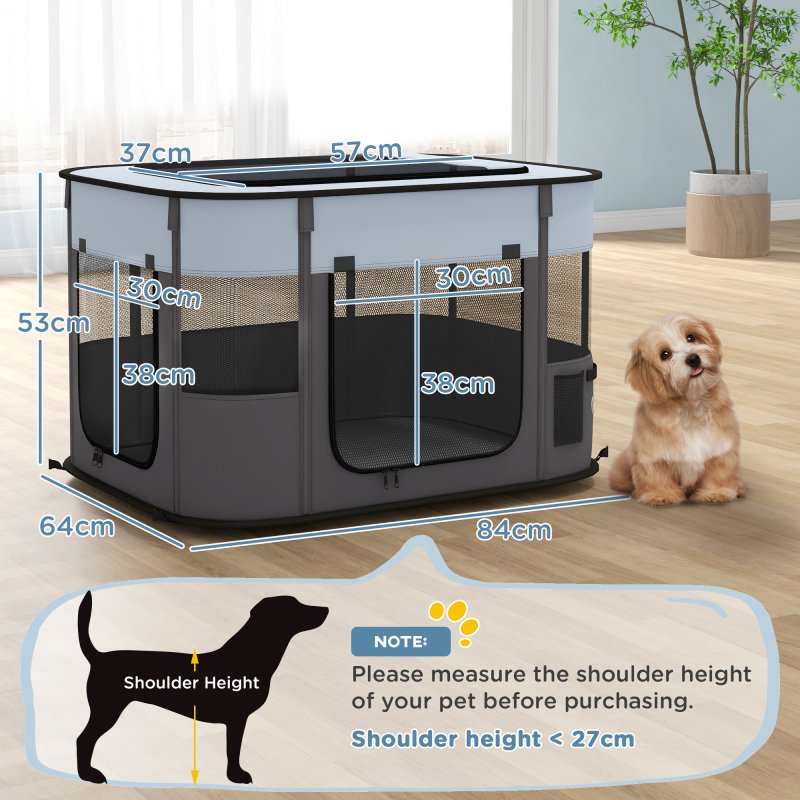 PawHut Dog Pen, Pet Playpen, Portable Foldable Dog Cat Playpen Soft Pet Cage with Storage Bag for Puppies, Rabbits, Kittens, Guinea Pigs, 84 x 64 x 53cm - Grey