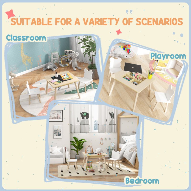 AIYAPLAY 3-Piece Kids Table and Chairs Set, Toddler Table and Chair Set with Bear-Shaped Backrest, Convertible Desk, Storage Grid for Nursery, Classroom, Playroom, Natural Wood
