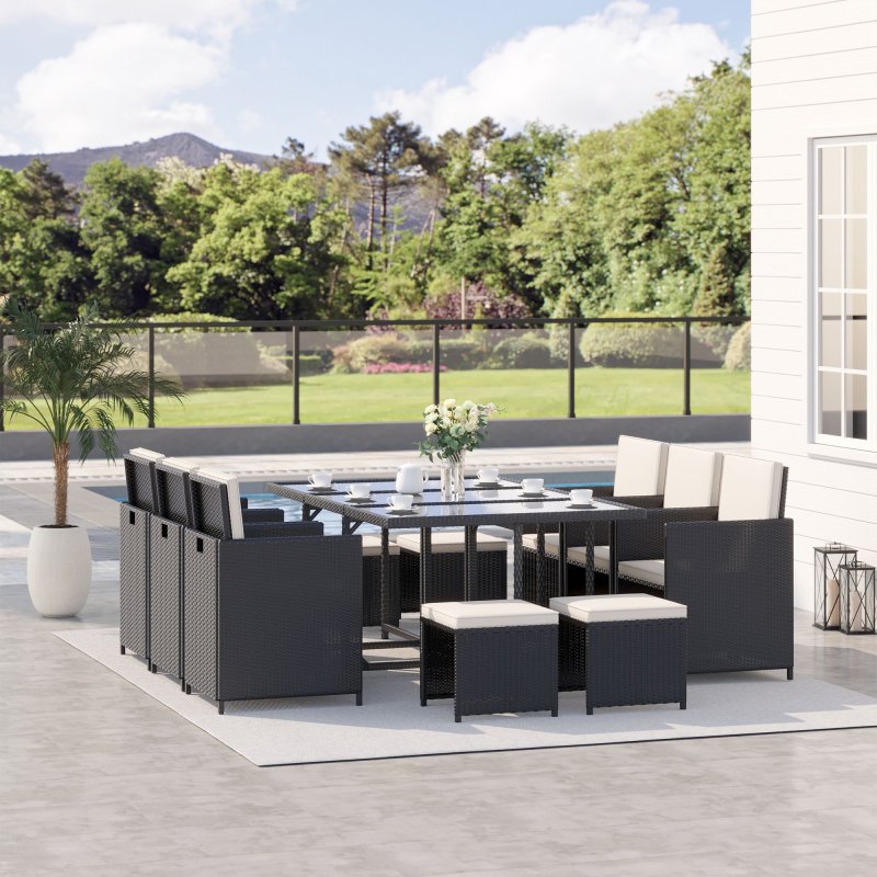 Outsunny 10 Seater Rattan Cube Garden Furniture Set with Cushions, Rattan Dining Set, Outdoor Dining Table and Chairs with 6 Armchairs, 4 Stools, Rectangular Glass Top Table, Black