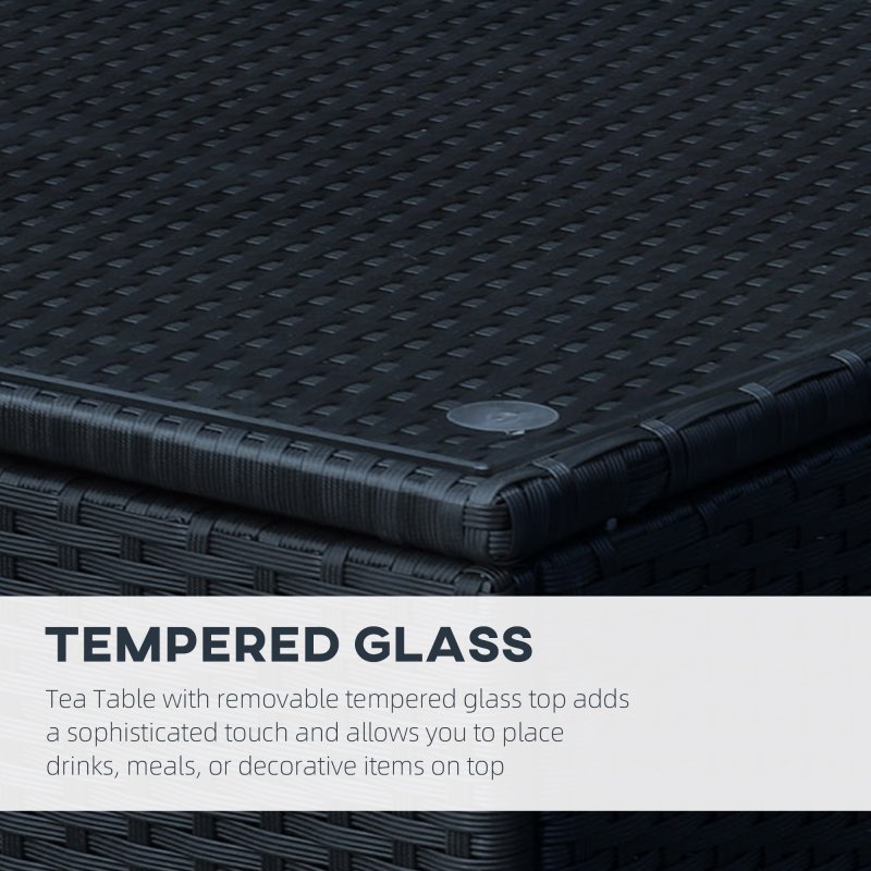 Outsunny Patio PE Rattan Side Table, Square Outdoor Coffee Table w/ Tempered Glass Top, Black