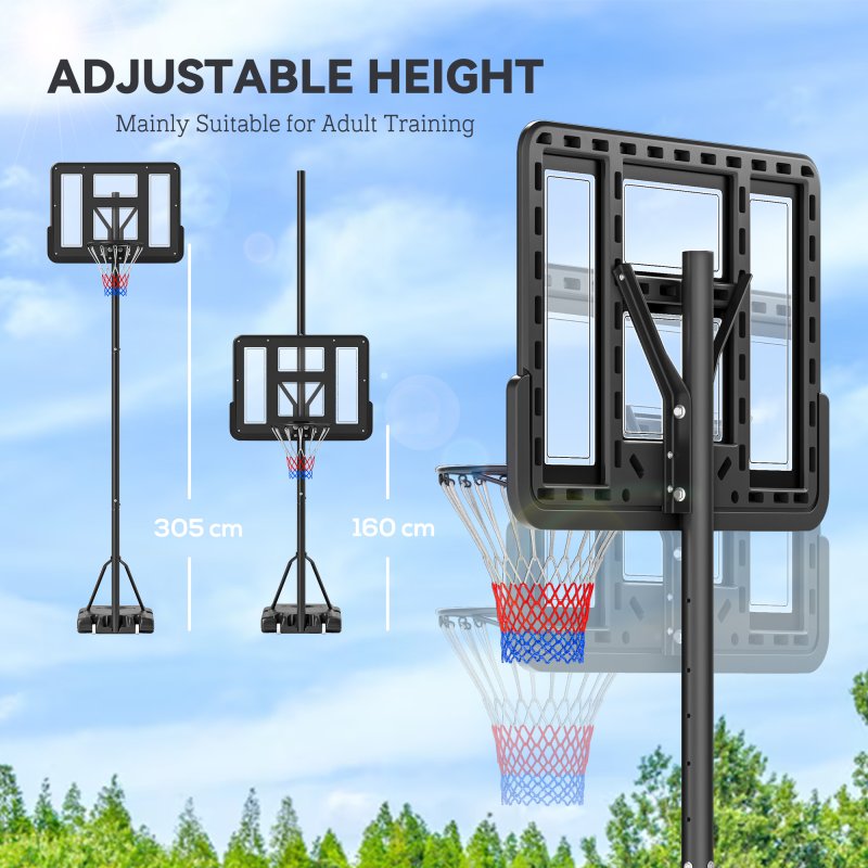 HOMCOM Portable Freestanding Basketball Hoop Stand Transparent Backboard 160-305cm Adjustable Basketball Hoop with Two Moving Wheels For Adult Outdoor & Indoor Use