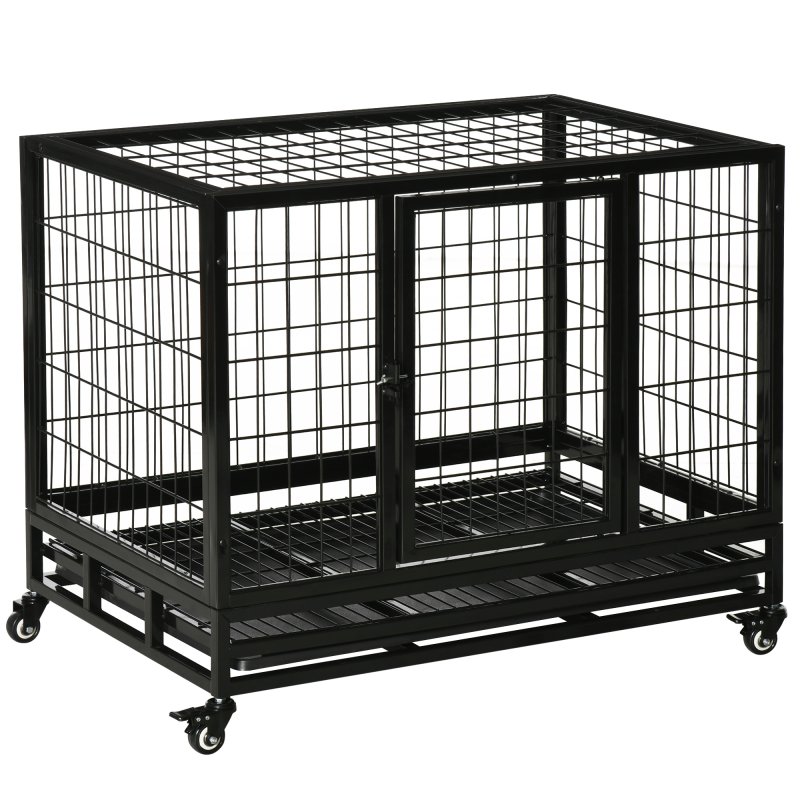 PawHut 36" Heavy Duty Metal Dog Crate Pet Cage with Tray Wheeled Dog Kennel - Black (Medium)