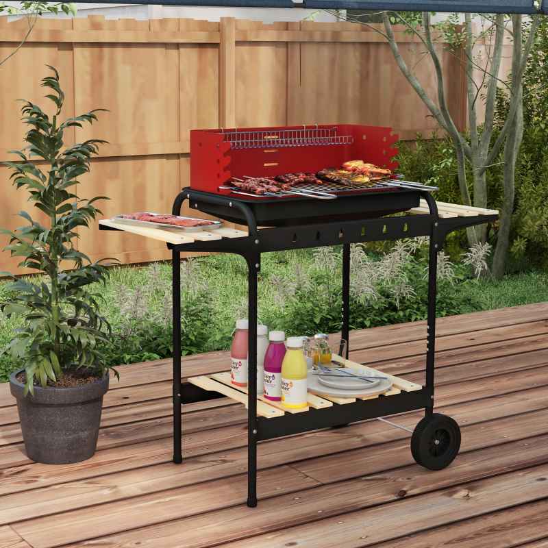Outsunny Charcoal Barbecue Grill with Adjustable Grill Height, Portable BBQ Trolley with Ash Catcher and Wheels for Outdoor Garden Party Cooking, Red