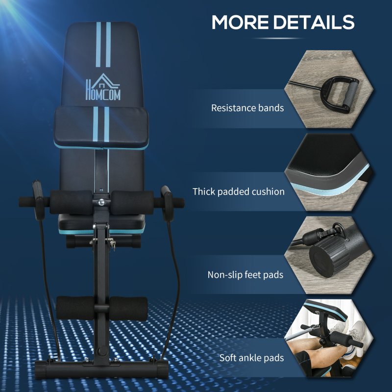 HOMCOM Foldable Weight Bench, Strength Training Sit Up Bench, Incline Decline Bench with 7-Level Backrest, Leg Extension Machine, Preacher Pad and Resistance Band for Home Gym Workout, Blue