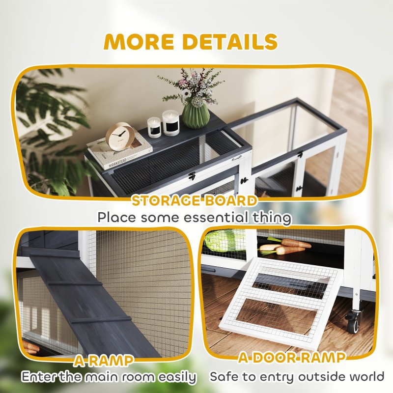 PawHut Rabbit Hutch with Run, 2-Tier Wooden Guinea Pig Hutch with Wheels, 2 Openable Tops, 3 Plastic Trays, Small Animal House Indoor for 2-3 Bunnies, Guinea Pigs, 147 x 45 x 89.5cm, Grey