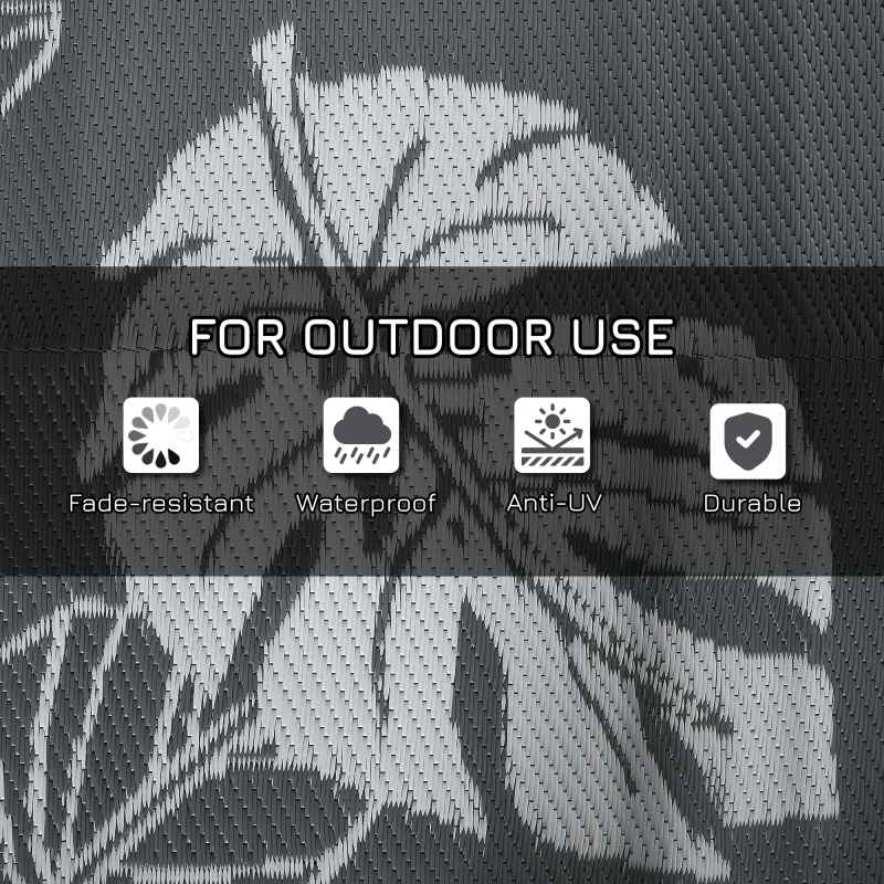 Outsunny Reversible Outdoor Rug with Carry Bag, Waterproof Plastic Straw Mat for Garden, Deck, RV, Picnic, Beach, Camping, 182 x 274cm, Grey and White