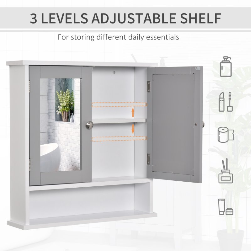 kleankin Mirror Cabinet Wall Mounted with Double Mirrored Doors, Hanging Cabinet with Cupboard and Shelf, Bathroom Wall Storage Organiser