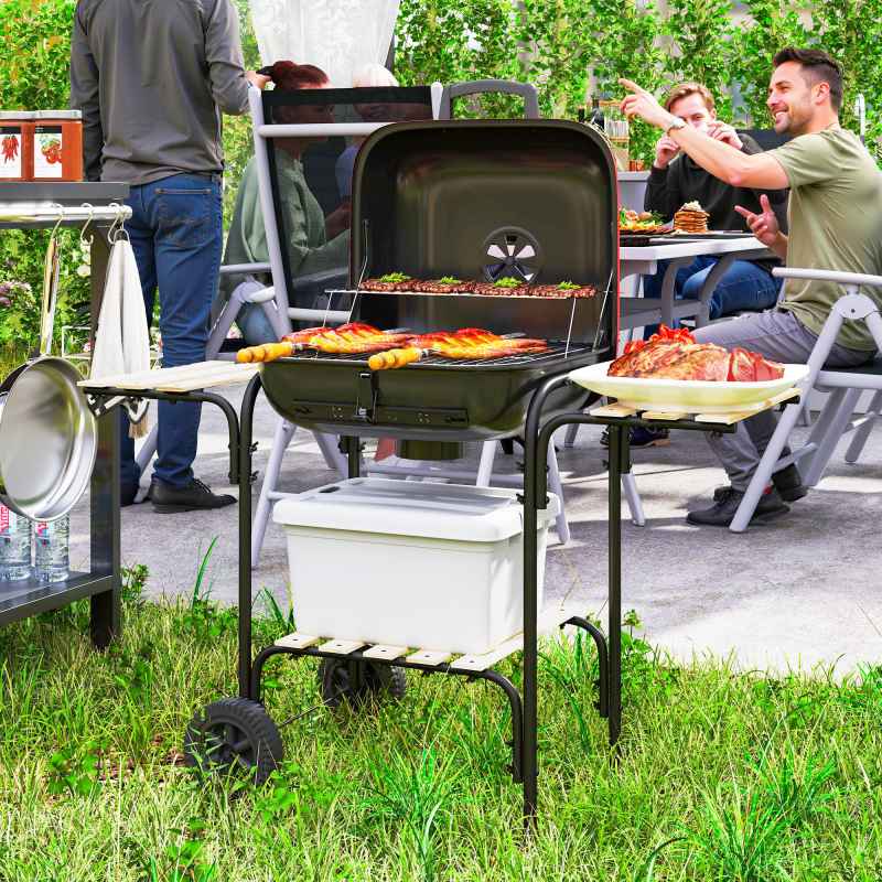 Outsunny Charcoal Barbecue Grill Portable BBQ Grill with 1840 cm? Cooking Area, 3 Shelves, Adjustable Vent, Lockable Lid, Wheels for Outdoor Cooking, Garden Party, Red