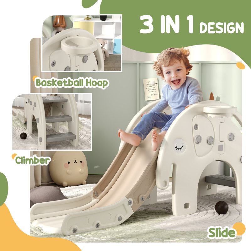 AIYAPLAY Kids Slide, 3 in 1 Toddler Slide with Basketball Hoop, Climber, Elephant-Themed Indoor Slide for 1-3 Years, Cream White