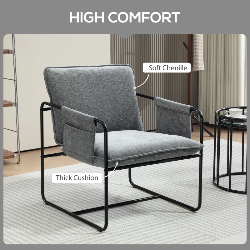 HOMCOM Modern Accent Chair, Chenille Armchair with Side Pockets and Steel Frame, Upholstered Reading Chair for Bedroom, Living Room, Grey