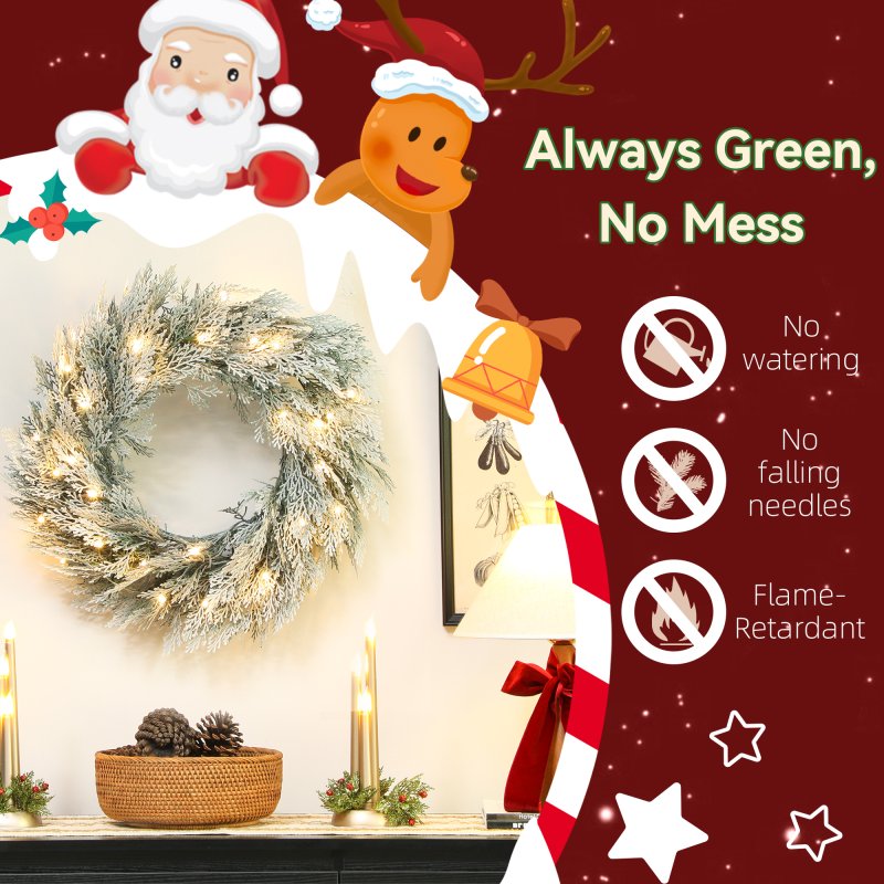 HOMCOM 60cm/ 24inch Prelit Christmas Wreath with 35 Warm White LED Lights, Timer, Battery Operated, Flocked Winter Door Wreath with All Realistic Branches, Silver Tone Glitter for Home Decorations