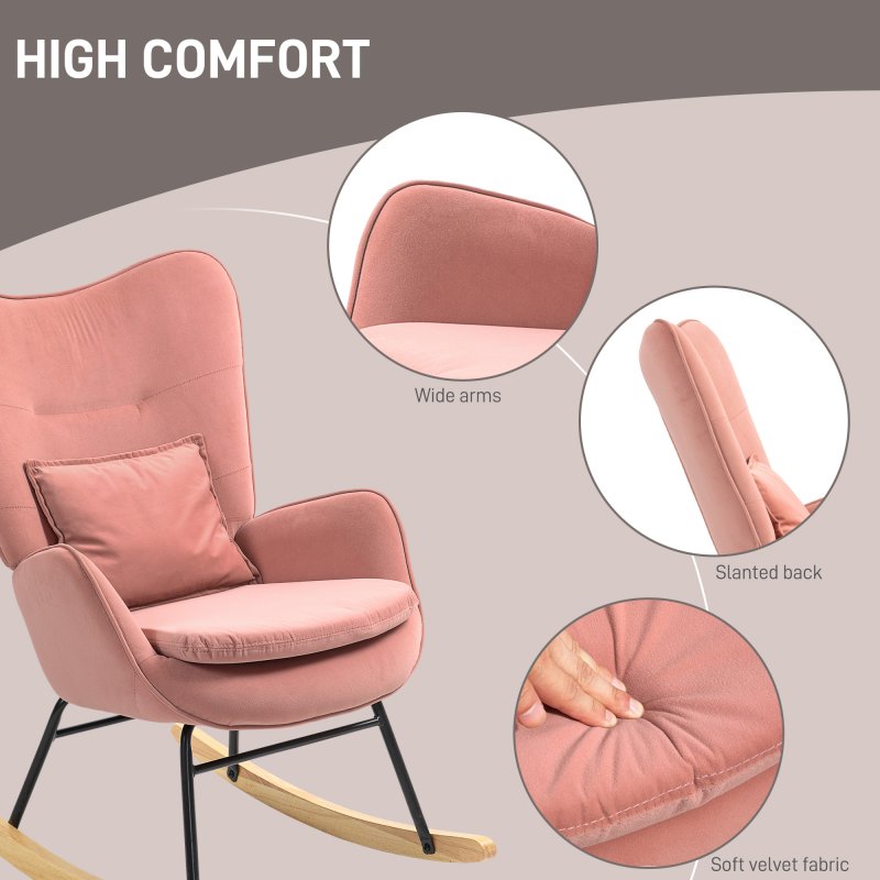 HOMCOM Velvet Rocking Chair with Lumbar Pillow, Rocker Armchair with Metal Legs and Wood Base for Living Room, Bedroom, Pink