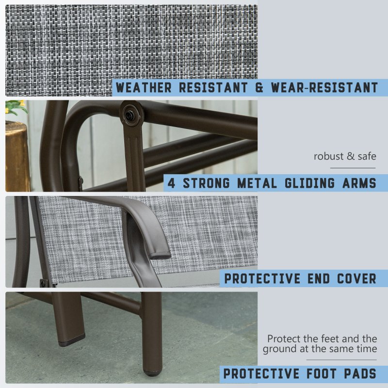 Outsunny 2 Seats Garden Glider Bench, Metal Frame Loveseat with Glass Top  Centre Table, Porch Rocking Glider for 2 Person, for Deck, Patio, Brown/ Grey