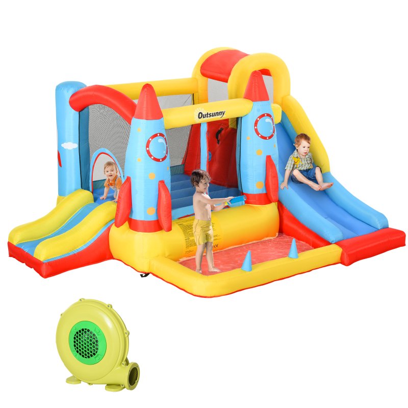Outsunny Bouncy Castle Inflatable Bouncy Castles for Children Bounce House 3 in 1 w/ Trampoline Slide Water Pool with Blower for Kids Age 3-8 Rocket Design 3.3 x 2.65 x 1.85m