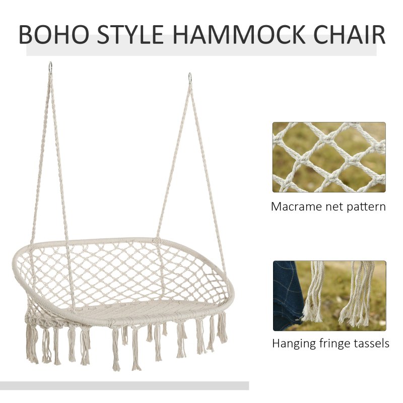 Outsunny 2-Seater Hanging Hammock Chair, Cotton-Polyester Blend Macrame Hanging Rope Chair with Metal Frame, for Patio, Garden, Balcony, Living Room, Cream White