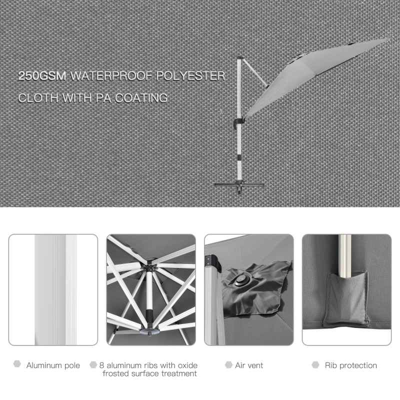 Outsunny 3 x 3(m) Cantilever Roma Parasol, Square Garden Umbrella with Cross Base, Crank Handle, Tilt, 360 Rotation and Aluminium Frame, Grey