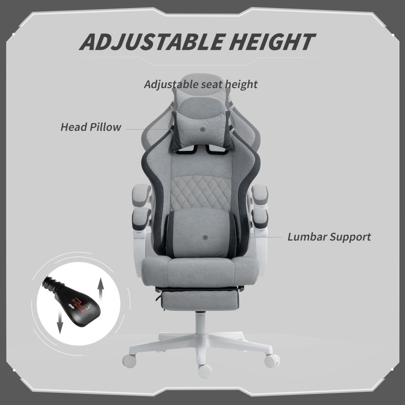 HOMCOM Ergonomic High Back Gaming Chair for Adults, Printed Velvet Computer Recliner Chair with Footrest, Lumbar Support, Adjustable Height and 360 Swivel Seat for Office or Gaming, Grey