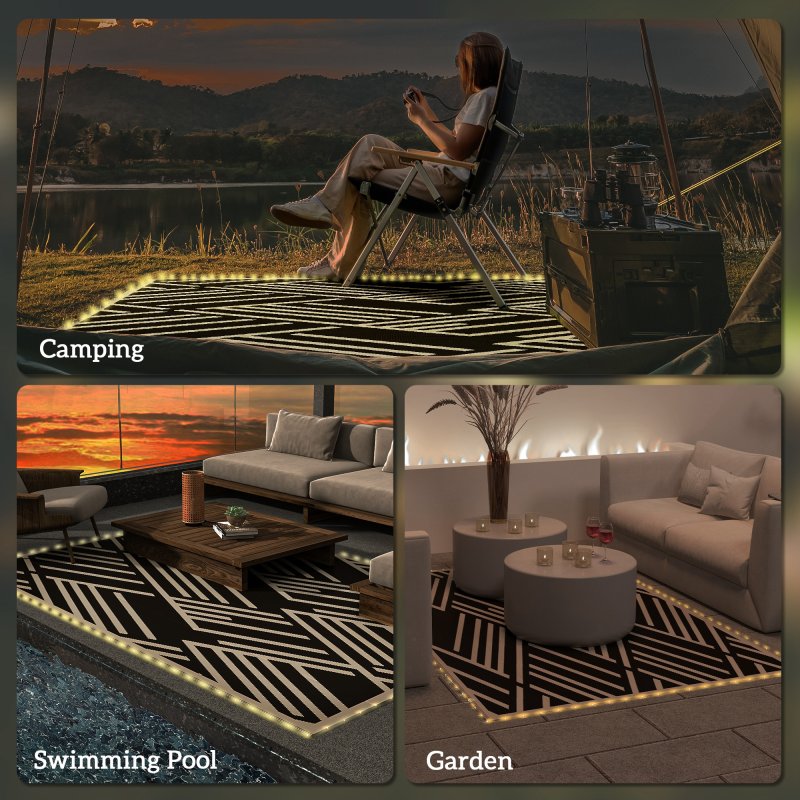 Outsunny Reversible Outdoor Rug with LED String Lights, Waterproof Plastic Straw Mat with Carry Bag for Garden, Deck, RV, Picnic, Beach, Camping, 182 x 274cm, Black and Coffee