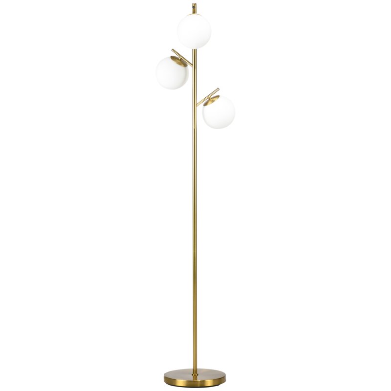 HOMCOM 3-Light Tree Floor Lamps for Living Room, Modern Standing Lamp for Bedroom with Globe Lampshade, Steel Base, Bulb not Included, Gold Tone