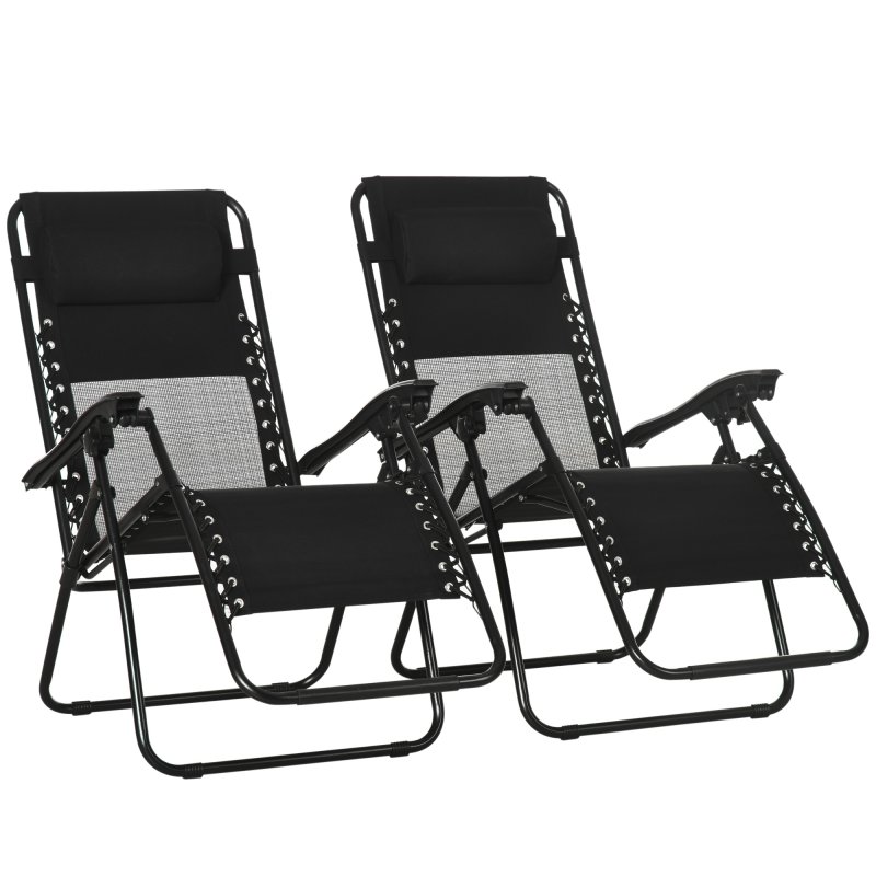 Outsunny Garden Recliner Chairs Set of 2, Outdoor Foldable Zero Gravity Chairs Set w/ Footstool and Detachable Headrest, Black