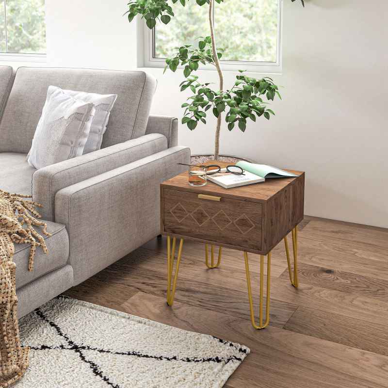 HOMCOM Bedside Table with Drawer, Wooden Nightstand, Modern Sofa Side Table with Gold Tone Metal Legs and Handles for Living Room, Bedroom, Easy Assembly, 40x41x 49cm, Brown