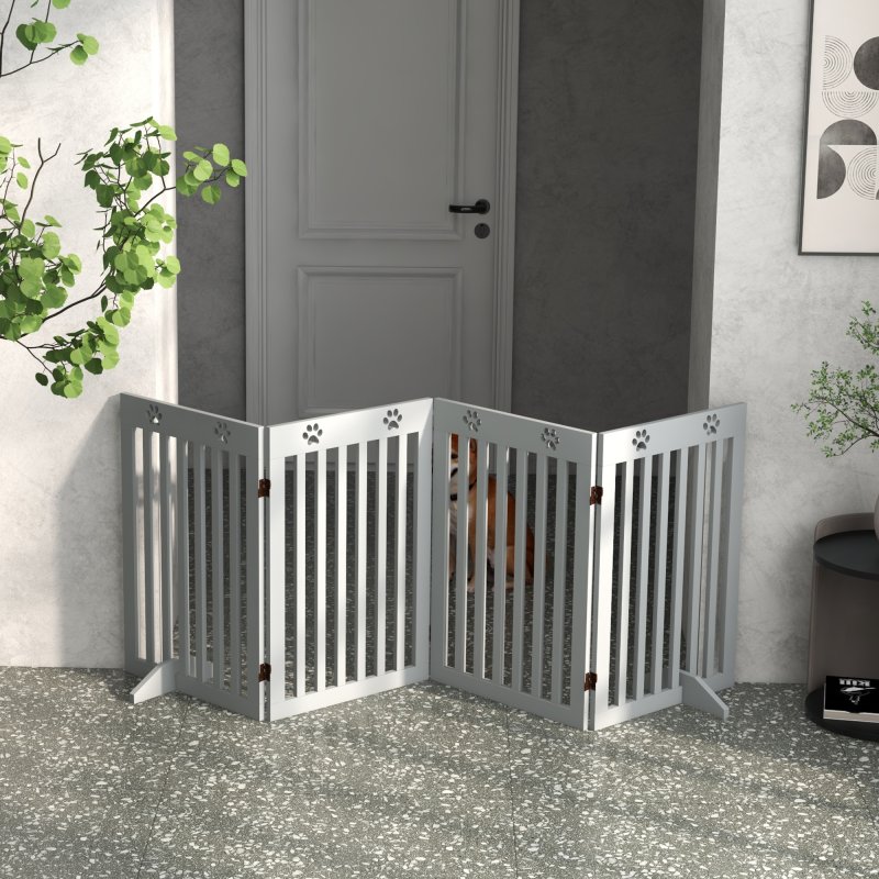 PawHut Freestanding Pet Gate 4 Panel Dog Barrier Folding Safety Fence with Support Feet up to 204cm Long 75cm Tall for Doorway Stairs, Grey