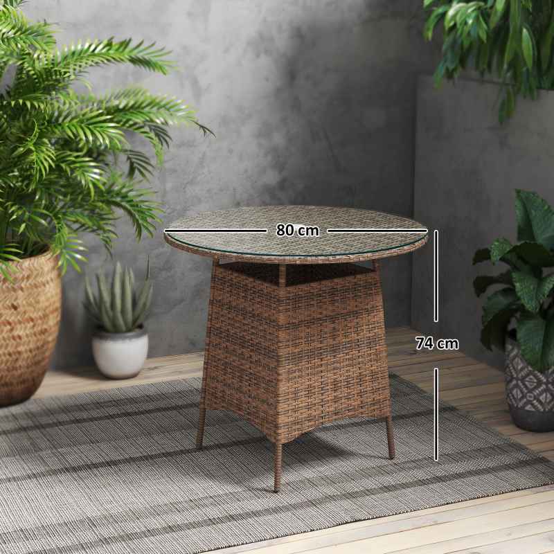 Outsunny Wicker Garden Rattan Table, Patio Furniture Outdoor Coffee Table with Umbrella Hole and Tempered Glass Top, Brown