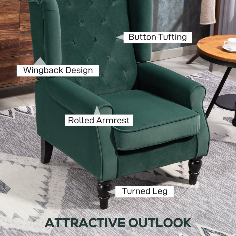 HOMCOM Retro Accent Chair, Velvet Wingback Armchair with Wood Frame Button Tufted Design for Living Room Bedroom, Green