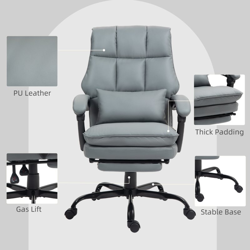 HOMCOM Executive Office Chair with Footrest, PU Leather High Back Desk Chair with Lumbar Support, Swivel Computer Chair with Adjustable Height and Padding Armrests, Grey