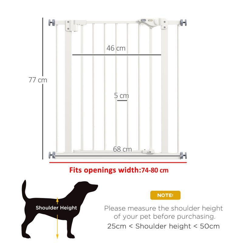 PawHut Dog Gate Stair Gate Pressure Fit Pets Barrier Auto Close for Doorway Hallway, 74-80cm Wide Adjustable, White