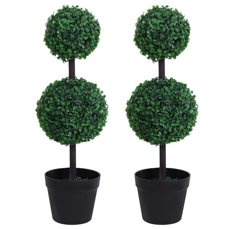 Outsunny Set of 2 Artificial Boxwood Ball Topiary Trees Potted Decorative Plant Indoor D??cor (67cm)
