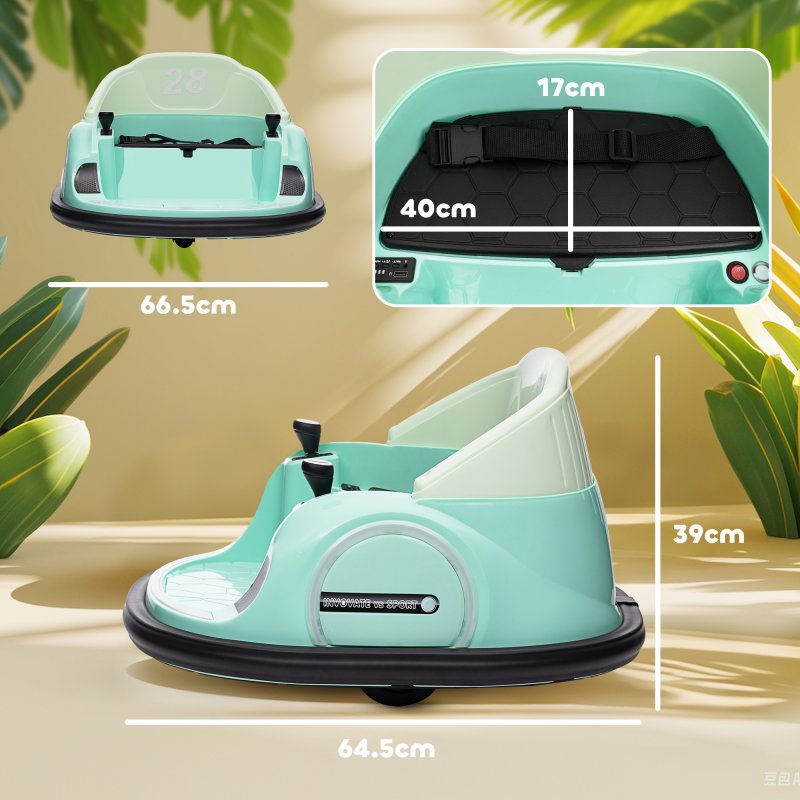 AIYAPLAY Kids Bumper Car, 360 Rotation 12V Waltz Car, Battery Powered Ride-On Toy with Remote Control, Dual Joystick, Music, USB, LED Lights, Horn, for Ages 1.5-5 Years, Green