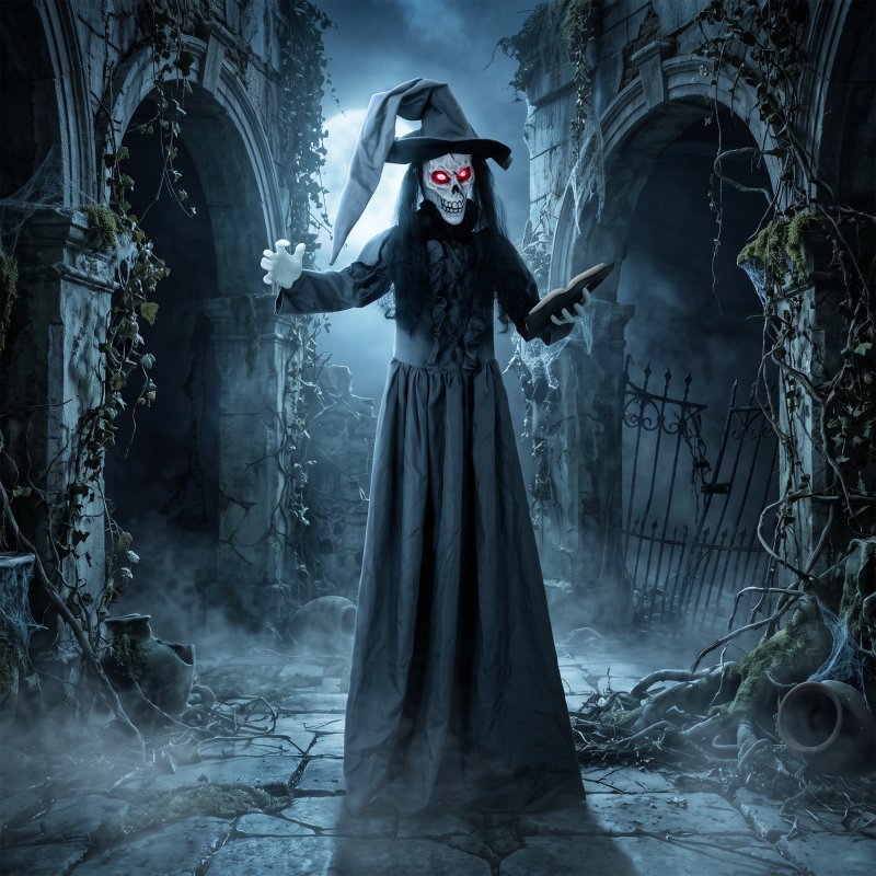 HOMCOM 180cm Life Size Animated Witch Halloween Decorations Outdoor Indoor, Scary Halloween Animatronics Decor with Sound Touch Activated, Animated Prop with Light Up Eyes for House Garden