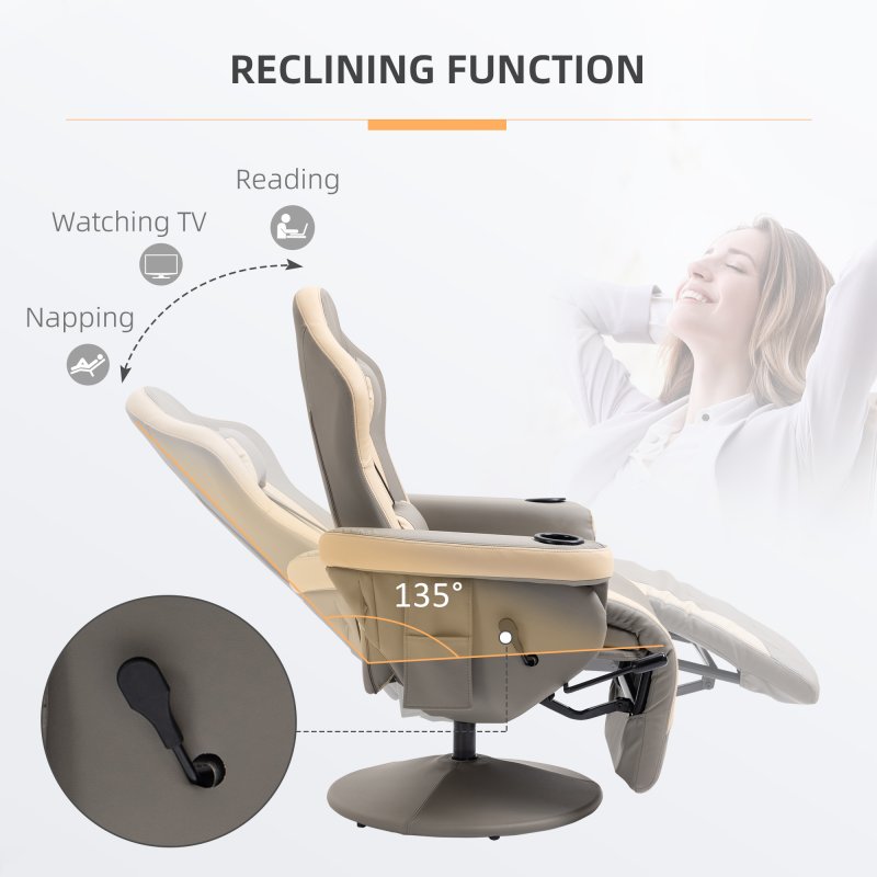 HOMCOM Reclining Gaming Chair, 360° Swivel Racing Video Gaming Manual Recliner with Footrest, Headrest and Cup Holder, PU Leather Armchair with Storage Pocket, Grey