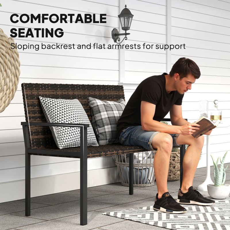 Outsunny 2 Seater Rattan Garden Bench, Outdoor Bench with Quick-Drying Cotton Padding, Wicker Garden Loveseat with Armrests, Steel Frame for Patio, Park, Mixed Brown