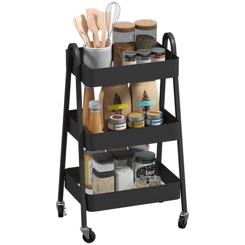 HOMCOM 3-Tier Storage Trolley on Wheels, Rolling Utility Cart with Handles, Mobile Kitchen Storage Cart for Living Room, Dining Room, Bedroom, Bathroom