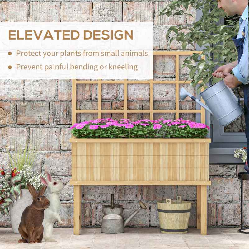 Outsunny Wooden Raised Planter with Trellis for Vine Climbing Plants, Elevated Garden Bed with Drainage Holes and Bed Liner for Vegetables, Flowers, Herbs, 105 x 45 x 140cm, Natural