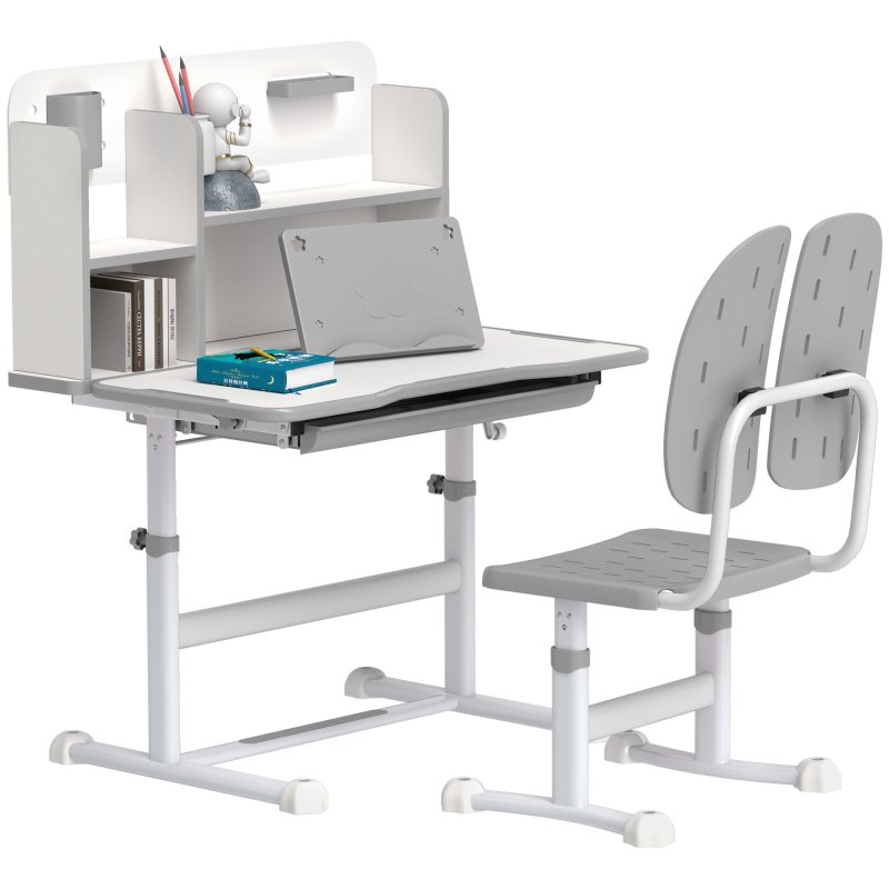 AIYAPLAY Kids Desk and Chair Set, Height Adjustable Children School Study Desk, Student Writing Desk with Tiltable Desktop Drawer, Pen Slot, Reading Rack for Ages 3-13 Years, Grey