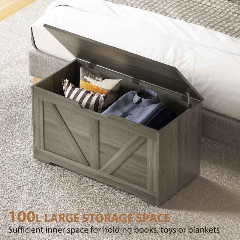 HOMCOM 100L Storage Chest, Storage Trunk with 2 Safety Hinges and U-shaped Cut-out Pull, Organiser Box for Living Room, Entryway, 80 x 40 x 45 cm, Charcoal Grey
