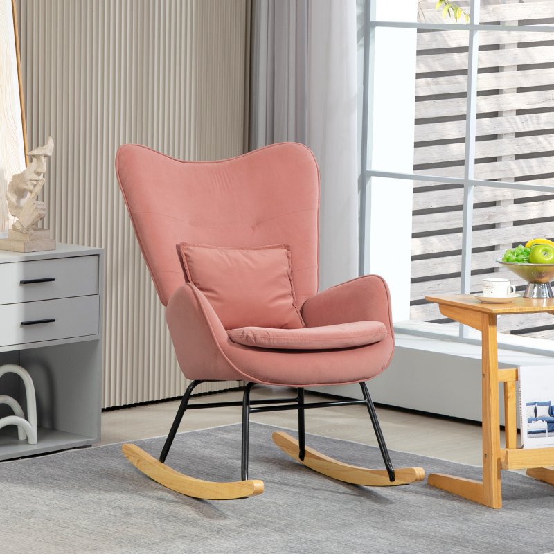 HOMCOM Velvet Rocking Chair with Lumbar Pillow, Rocker Armchair with Metal Legs and Wood Base for Living Room, Bedroom, Pink