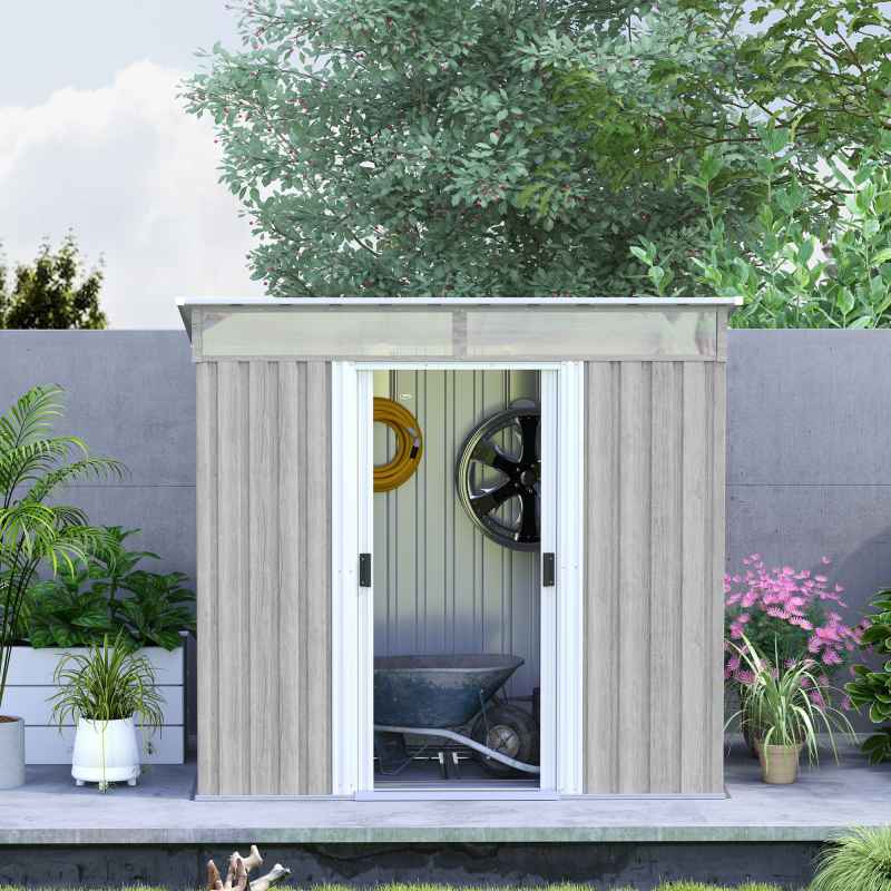 Outsunny 6.5 x 4FT Galvanised Metal Garden Shed with Double Sliding Doors and 2 Vents, Lockable Tool Storage House with Foundation Kit, Light Grey Wood Effect