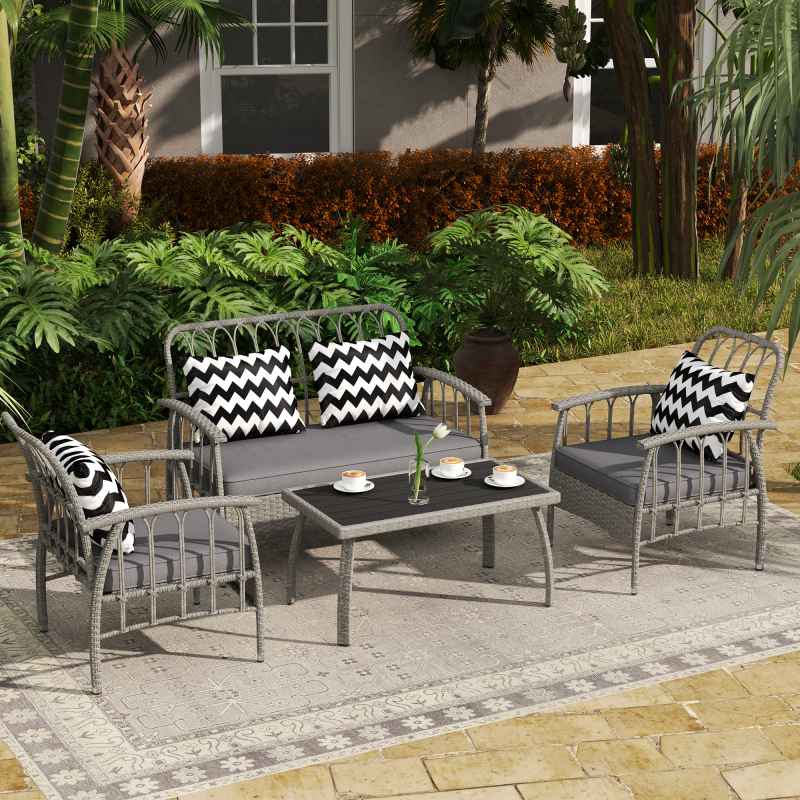 Outsunny 4 Piece Rattan Garden Furniture Set, Garden Sofa Set with 5-Level Adjustable Armchairs, Loveseat, Coffee Table and Cushions, Wicker Outdoor Conservatory Furniture for Patio Balcony, Grey
