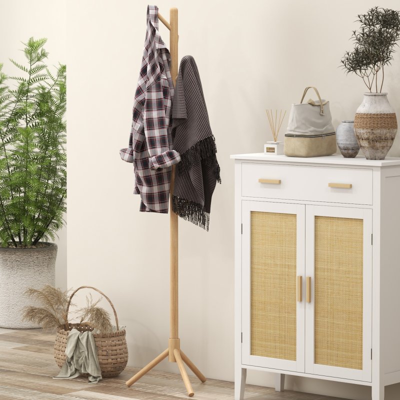 HOMCOM Coat Rack, Freestanding Coat Stand with 8 Hooks and Wooden Frame for Clothes, Bags, Hat Stand for Entryway, Hallway, Bedroom, Living Room